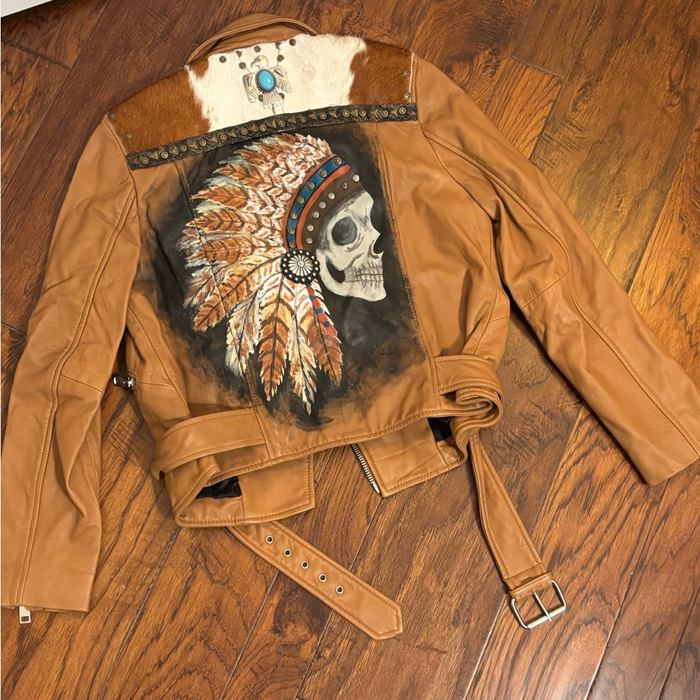 Walter Baker Cognac Authentic Leather Jacket with Skull Headdress Art & Fur